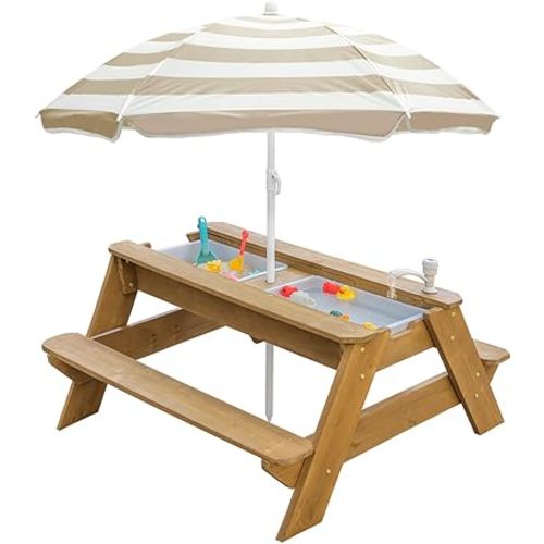 Kids 3-in-1 Sand & Water Table, Wood Outdoor Convertible Picnic Table w/Umbrella, 2 Trays, Removable Top with Faucet, Picnic Table for Outdoor Playset (Natural/Brown)