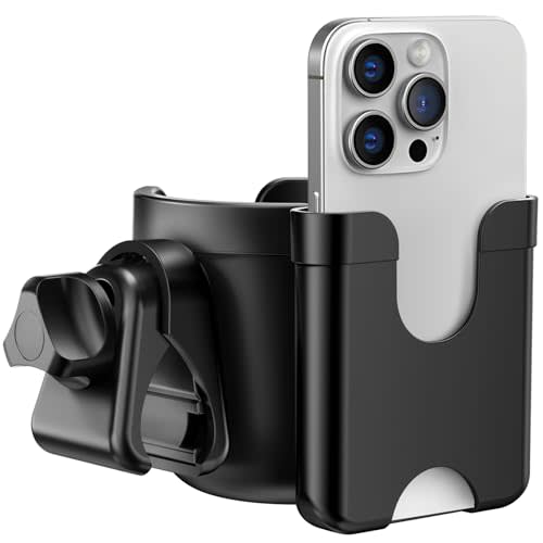 Guiseapue Cup Holder for Walker, Stroller Cup Holder Attachment with Phone Holder, Wheelchair/Stroller Accessories for Uppababy, Nuna, Doona, Rollator, Bike, Scooter, Baby Travel Essential