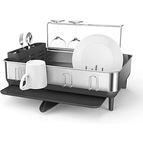 simplehuman Large Capacity Dish Drying Rack with Stainless Steel Frame, 360º Easy Drain Swivel Spout, Utensil & Wine Glass Holder, Anti-Residue Coating, Moisture Control Surface, Grey