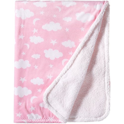 Spasilk Velboa Fleece Blanket With Thick Stitch Trim Accessory for Crib and Stroller, Pink Clouds
