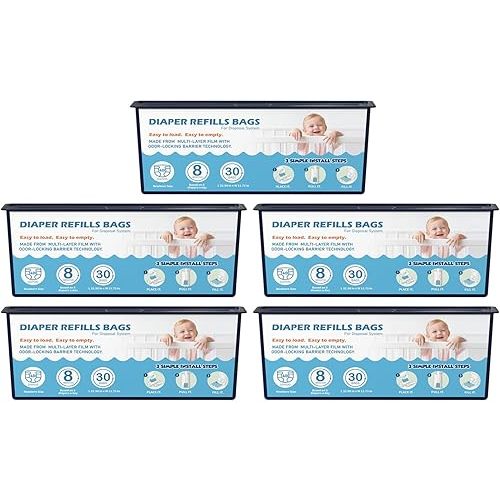 Diaper Pail Refills Bags with 30 Bags Compatible with Genie Easy Roll Signature Diaper Pails, Lasts Up to 8 Months, 7-Layer Odor-Barrier Technology, Pack of 5 (150 Bags)