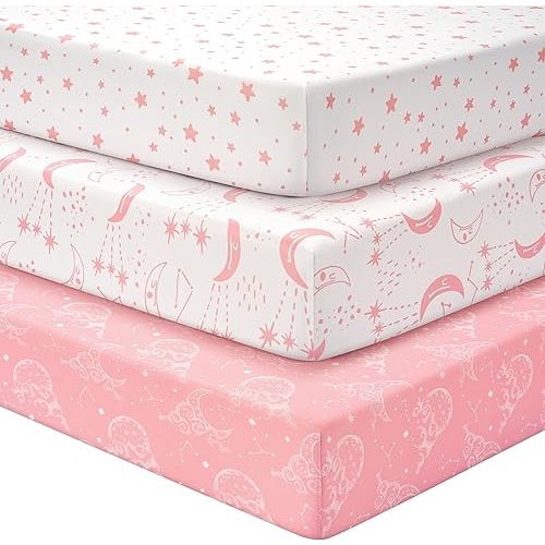 Baby Crib Sheets for Boys Girls, Fitted Crib Sheet Neutral 3 Pack for Standard Crib and Toddler Mattress, Breathable Soft Microfiber Baby Sheet 28x52x8in Pink White Moon
