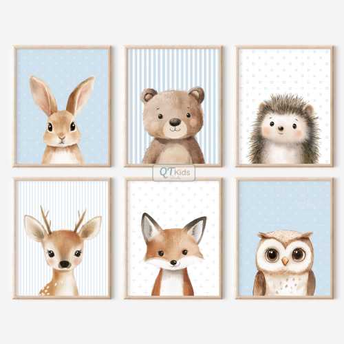 Woodland Animal Prints, Boy Nursery Wall Art, Blue Baby Room, Bear Deer Bunny Fox Portraits, Forest Animals Playroom Decor, DIGITAL DOWNLOAD