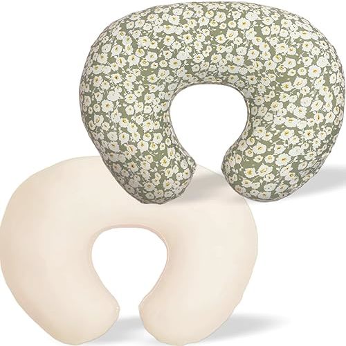 2 Pack Ultra Soft Nursing Pillow Covers for Baby Girl & Boy, Stretchy Boppy Compatible Cover for Breastfeeding Pillows, Easy to Use & Clean (Beige,Wild Floral)