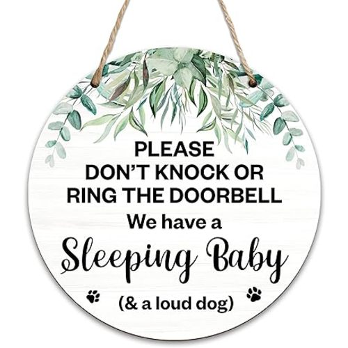 Baby Sleeping Door Sign For Front Door, Greenery Do Not Knock Or Ring Doorbell Hanging Sign For Home, No Soliciting Sign Gifts For New Parents, Dog Bark Warning Sign Decor For Babyroom Dog House -05