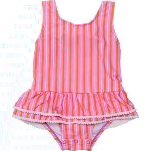 Sustainable Sleeveless Ruffle Waist Skirt Swimsuit, Stripy Sunset