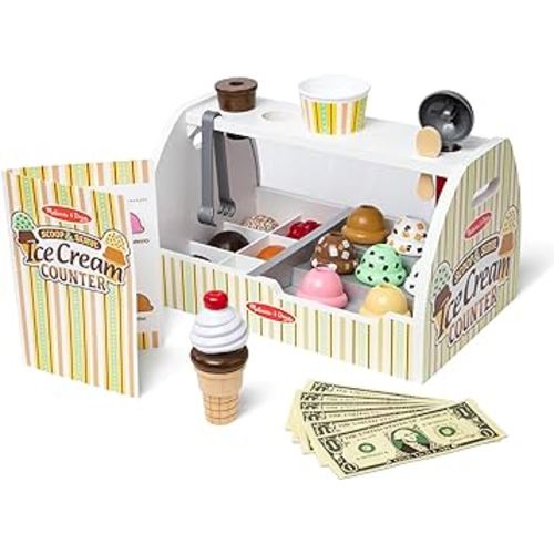 Melissa & Doug Wooden Scoop and Serve Ice Cream Counter (28 pcs) - Play Food and Accessories - Pretend Food Toys, Ice Cream Shop Toys For Kids Ages 3+