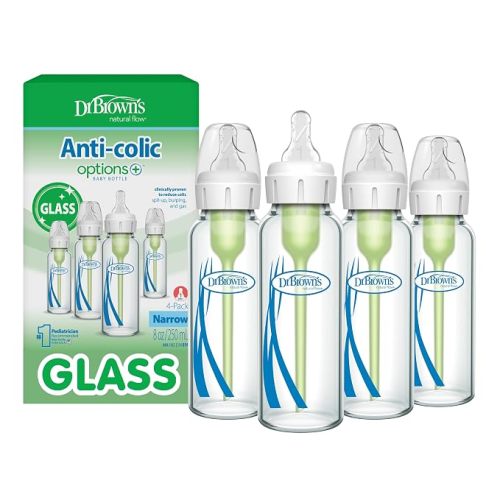 Dr. Brown's Anti-Colic Options+ Narrow Glass Baby Bottle with Level 1 Slow Flow Nipple, BPA-Free, 8 oz/250 mL, 0m+, 4-Pack (Packaging May Vary)