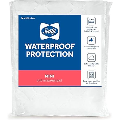 Sealy Baby Mini Fitted Waterproof Baby Crib Mattress Protector, Crib Mattress Topper, Mini Crib Mattress Pad with Waterproof Protection, Machine Washable/Dryer Friendly, 38" x 24" - White