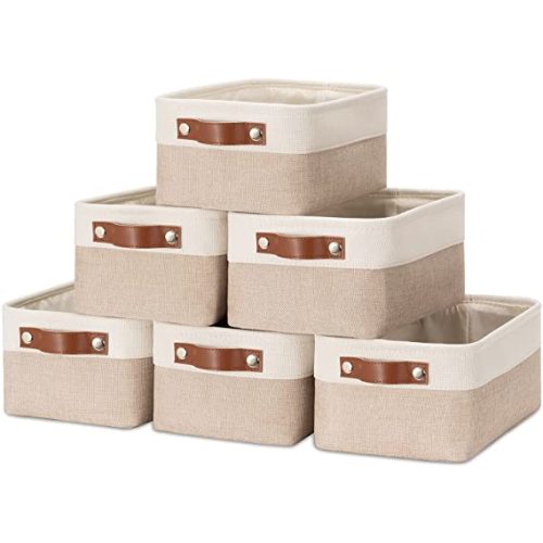 HNZIGE Small Fabric Baskets for Organizing(6 pack) Collapsible Storage Baskets for Shelves, Closets, Laundry, Nursery, Decorative Baskets for Gifts Empty (White&Khaki, 11.8" x 7.8" x 5.1")