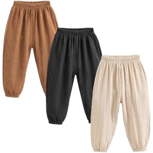 3 Pack of Little Kids Boys Girls Summer Spring Autumn Cotton Linen Printed Soft Trousers Casual Long Ankle Pants