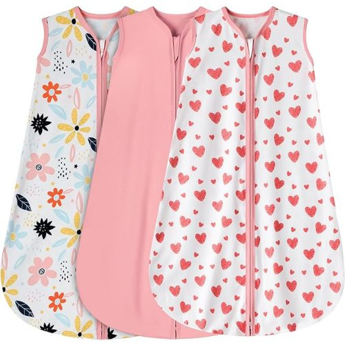 3 Pack Baby Sleep Sack 0-6 Months 100% Rayon Cotton Baby Sleeping Bag 2-Way Zipper Toddler Wearable Blankets Comfy Stretchy Lightweight TOG 0.3 （Heart&Pink&Floral）