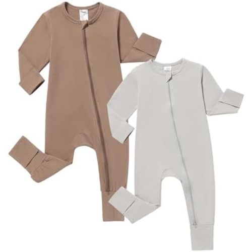 JunNeng 2 Pack Footless Long/Short Sleeve Baby Romper with Zipper Cotton Infant Sleepwear