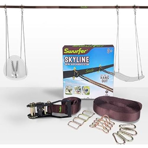 Swurfer Skyline Tree Swing Hanging Kit – Heavy Duty, Weather Resistant, Swing Line to Hang Multiple Swings, Span Up to 40 Feet, Includes 4 Adjustable Locking Anchors & Carabiners, Easy Installation