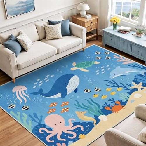 5x7 Ocean Area Rug for Kids Play Room Beach Whale Fish Large Rug Machine Washable Non-Slip Carpet for Nursery Living Room Bedroom