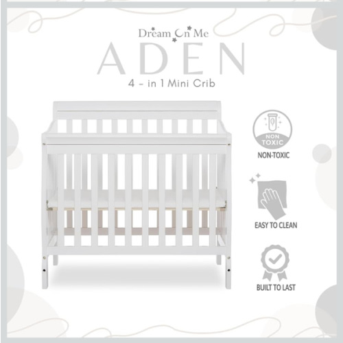 Dream On Me Aden 4-in-1 Convertible Mini Baby Crib in White, GreenGuard Gold & JPMA, Sustainable Pinewood, Non-Toxic Finish, 3 Mattress Heights, Converts to Mini Day & Twin-Size Bed