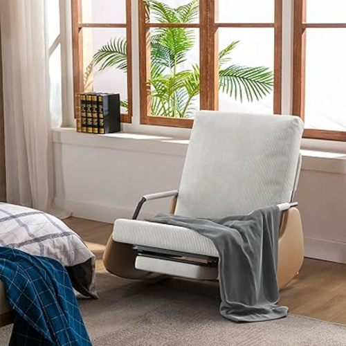 Corduroy Rocking Chair Nursery with Adjustable Backrest & Footrest – Glider Rocking Chair for Bedroom/Living Room – Upholstered Nursing Chair Leather Armchair with High Back & Steel Frame – Beige