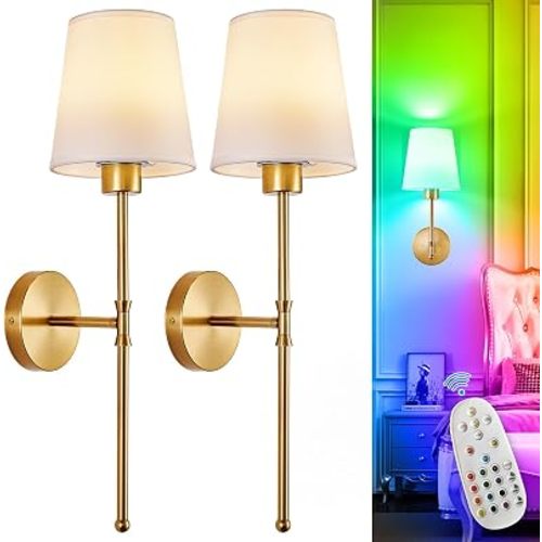 Depuley Battery Operated Wall Sconce: Set of 2 Wireless Wall Lights with 10000mAh Dimmable Bulbs and Remote for Bedroom - Rechargeable 15 Colors Gold Wall Lamp for Living Room Hallway
