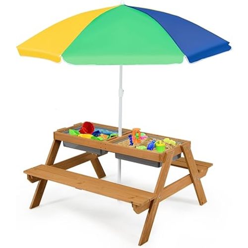 Costzon Kids Picnic Table with Sensory Bins, 4 in 1 Sand and Water Table with Height Adjustable Umbrella, Removable Tabletop, Wooden Kids Outdoor Table for Backyard Patio Play