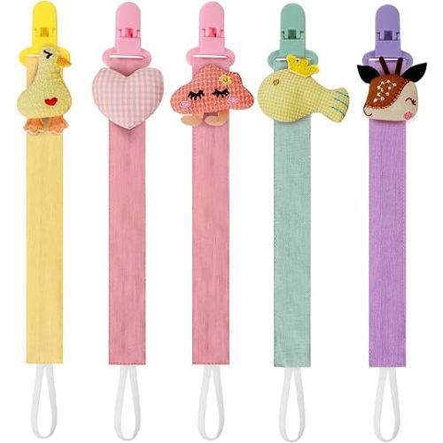 5 Pack Pacifier Clips for Baby Girls, Multicolor Fabric Straps,5pcs Straps, Approx. 11 in / 29 cm, Resin Clips with Inner Grip Design, Fits Most Pacifiers with Handles(13)