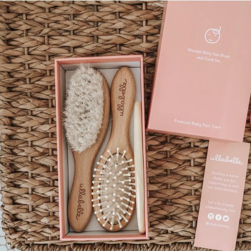 4 Piece Wooden Baby Hair Brush and Comb Set Gift Box (Pink)