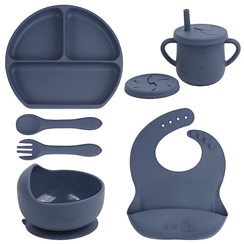 Amazon.com: Baby Led Weaning Supplies - Kirpi Baby Feeding Set - Silicone Suction Bowls, Divided Plates, Sippy and Snack Cup - Toddler Self Feeding Eating Utensils Set with Bibs, Spoons, Fork-6 Months (Dark Blue) : Baby