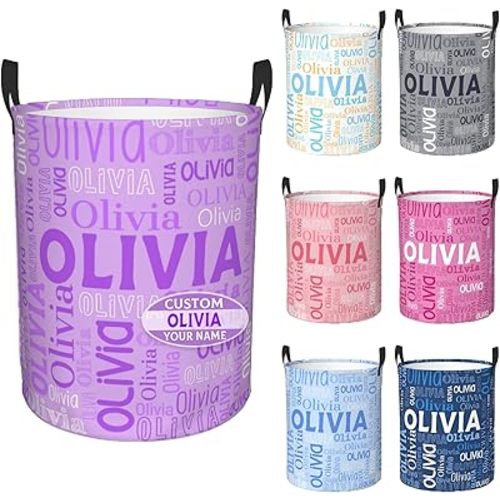 Custom Name Laundry Hamper, Personalized Dirty Clothes Hamper Storage Basket with Name for Bathroom Bedrooms, Customized Name Circular Hamper with Handles Gifts for Boys Girls Men Women Light Purple M