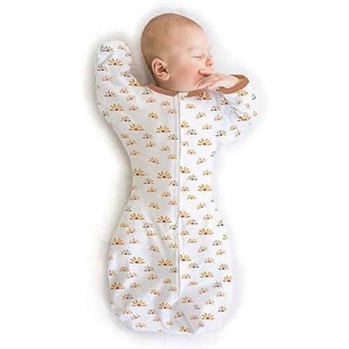 SwaddleDesigns Transitional Swaddle Sack with Arms Up Half-Length Sleeves and Mitten Cuffs, Small, 0-3 months, 6-14 lbs, Watercolor Sunny Days (Arms Up Swaddle, Transition Swaddle Sleep Sack)