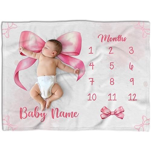 Personalized Baby Milestone Blankets with Pink Bows, Custom Name Blanket for Baby Girl, Baby Photography Props, Swaddle Blanket for Girls, Plush Blankets for Baby Girl Daughter Toddlers Kids