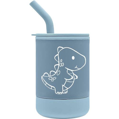 Dinosaur Silicone Baby Cups With Straws and Lids,5 oz Food Grade Toddler Training Container,Built In Straw Stoppers,Silicone Baby Sippy Cups for Infants Toddlers (Blue)