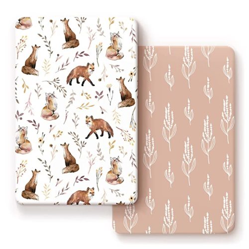 GRSSDER Stretchy Ultra Soft Jersey Knit Fitted Pack n Play Sheets Set 2 Pack, Fit Portable/Mini Crib, Playards Mattress Pads Safe and Snug, Pretty Fox for Baby Girls - Darksalmon
