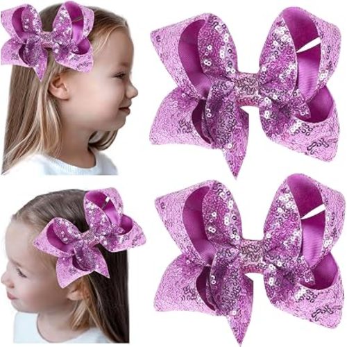 2 PCS 6 Inches Sequins Large Bows Alligator Hair Clip Hair Barrettes Accessories for Women Teens Girls Kids (Purple)