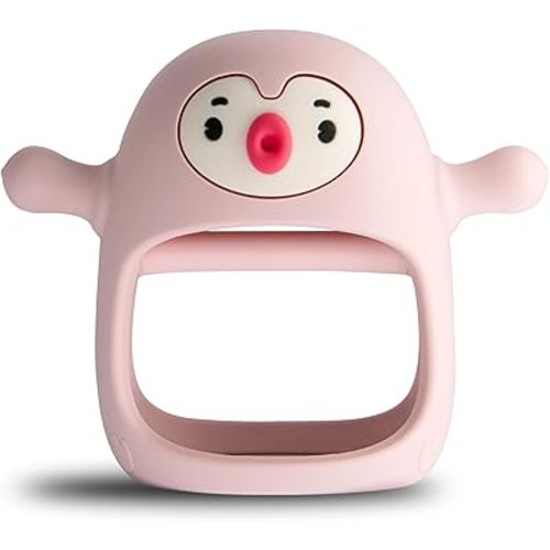 Smily Mia Penguin Buddy Never Drop Silicone Baby Teething Toy for 0-6month nfants, Baby Chew Toys for Sucking Needs, Hand Teether for 3-6Months,Car Seat Toy for Infants, Old Roze