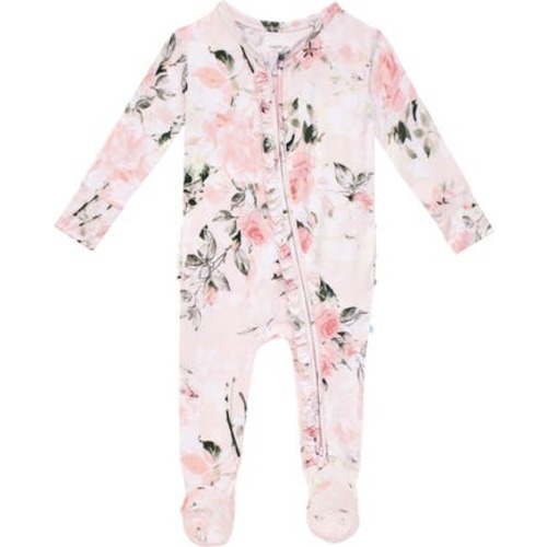 Vintage Pink Rose Ruffle Fitted Footie Pajamas, 3-6M
