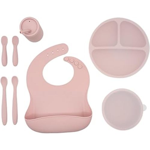 WeeSprout Baby Led Weaning Bundle, Silicone Suction Bowl, Spoons, Bib & Cup, Develops Self Feeding Skills, Dishwasher Safe (Pink)