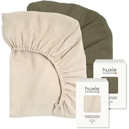 Crib Sheets – Organic Cotton Muslin Fitted Crib Sheet – Standard Size for Baby Boy and Baby Girl 28" x 52" Ultra-Soft and Breathable. 2-Pack (Fog/Sage Green)