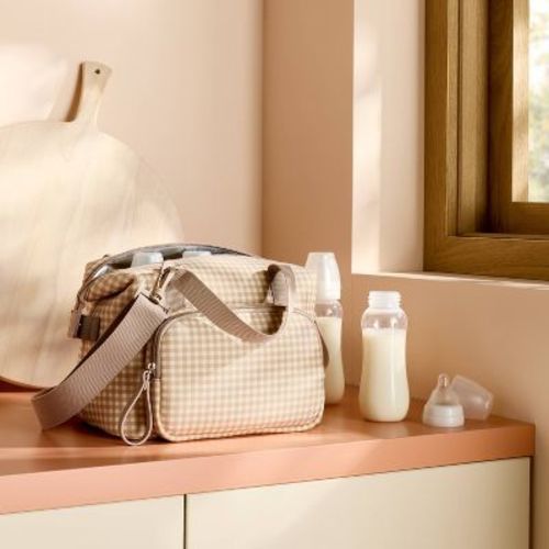 Insulated Bottle Cooler Shoulder Diaper Bag - Tan Gingham Plaid - Cloud Island™