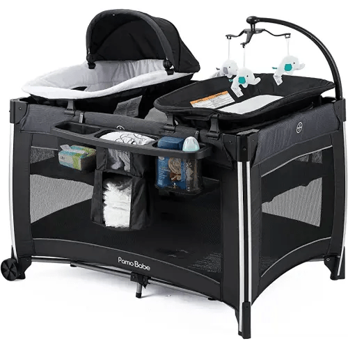 Pamo Babe 4 in 1 Portable Baby Crib Deluxe Nursery Center, Foldable Travel Playard with Bassinet, Mattress, Changing Table for Newborn, Infant, Toddler(Black)