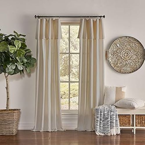 Mercantile Drop Cloth Curtain Panel, Light Filtering Ring & Tab Top with Attached Valance, 84 in Long x 50 in Wide, Farmhouse Single Window Panel, Bedroom, Living Room & Dining Room, Linen