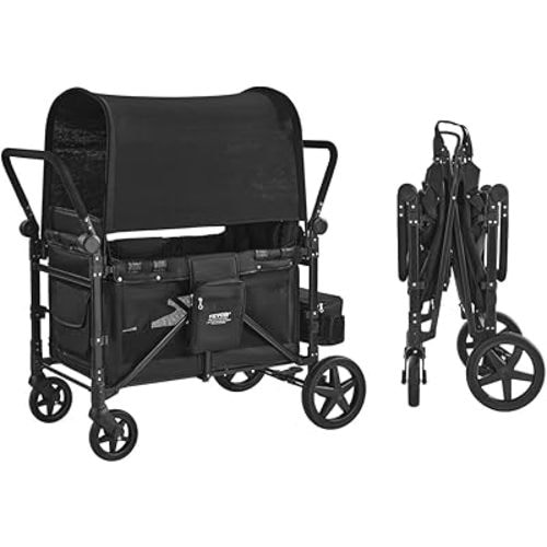 VEVOR Wagon Stroller for 4 Kids, Push Pull Quad Collapsible Stroller with Adjustable Handle, 5-Point Safety Harness & Removable Canopy, 4-Seater Stroller Wagon for Camping, Black (330LBS Loading)
