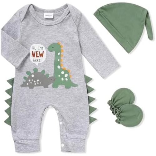 GRNSHTS Newborn Baby Boy Romper Coming Home Outfits Letter Print Bodysuit Jumpsuit+Hat+Gloves 3PCS Clothes Set