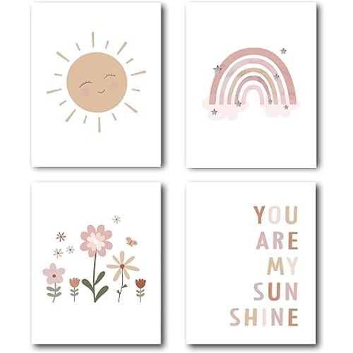 XWELLDAN Boho Rainbow Sun Cloud Flower You Are My Sunshine Nursery Poster Wall Art Prints,Boho Gifts for Baby Girls,Bohemian Wall Art Decor for Baby Girls Room,8 x 10 Inch Set of 4 Prints,Unframed