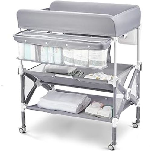 Portable Baby Changing Table, Foldable Diaper Change Table with Wheels, Adjustable Height, Cleaning Bucket, Changing Station for Infant Mobile Nursery Organizer for Newborn (Light Grey)