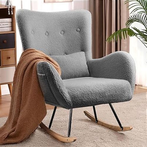 Waleaf Rocking Chair Nursery, Teddy Upholstered Rocking Chair Indoor with High Backrest Glider Accent Chair, Padded Seat Nursing Chair Comfy Chair for Bedroom (Gray)