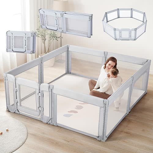 Baby Playpen,Extra Large Playpen for Babies and Toddlers with Baby Door 79x71 Inch, Adjustable Playpen Non-Slip Suction Cups Base Safe and Sturdy, Indoor Outdoor Baby Playard,Grey