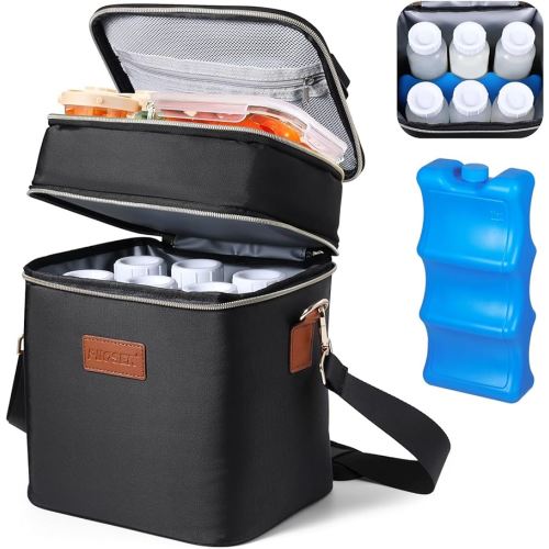 PIIOSER Breastmilk Cooler Bag with Ice Pack Fits 6 Baby Bottles Up to 9 Ounce, Insulated Baby Bottle Tote Bags, Double Layer Waterproof Leak-Proof with Shoulder Strap for Nursing &Working Mom