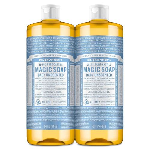 Dr. Bronner's Magic Soap-Pure-Castile Liquid Soap (Baby Unscented, 32 ounce, 2-Pack)-Regenerative Organic Certified Oils, 18-in-1 Uses: Body, Laundry & Dishes, For Sensitive Skin, No Fragrance