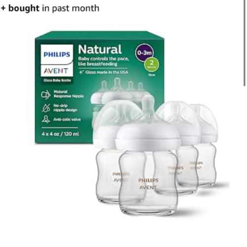 Philips Avent Natural Glass Baby Bottles with Natural Response Nipples (Slow Flow, Flow 2), 4oz, 4-Pack, SCY910/04
