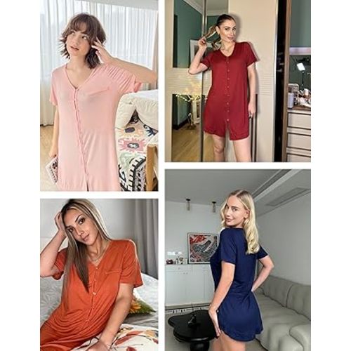 Ekouaer Button Down Nightgowns for Women Short Sleeve Nightshirt V Neck Sleepshirt for Sleeping Boyfriend Pj Dress S-2XL