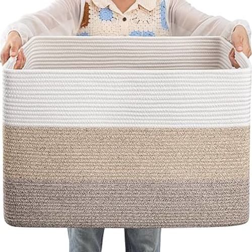 OIAHOMY Large Cotton Rope Basket, Rectangle Woven Baskets for Storage, Nursery Blanket Basket Living Room, Toy Basket with Handle, Baskets for Organizing-25”x16”x16”-Gradient Yellow